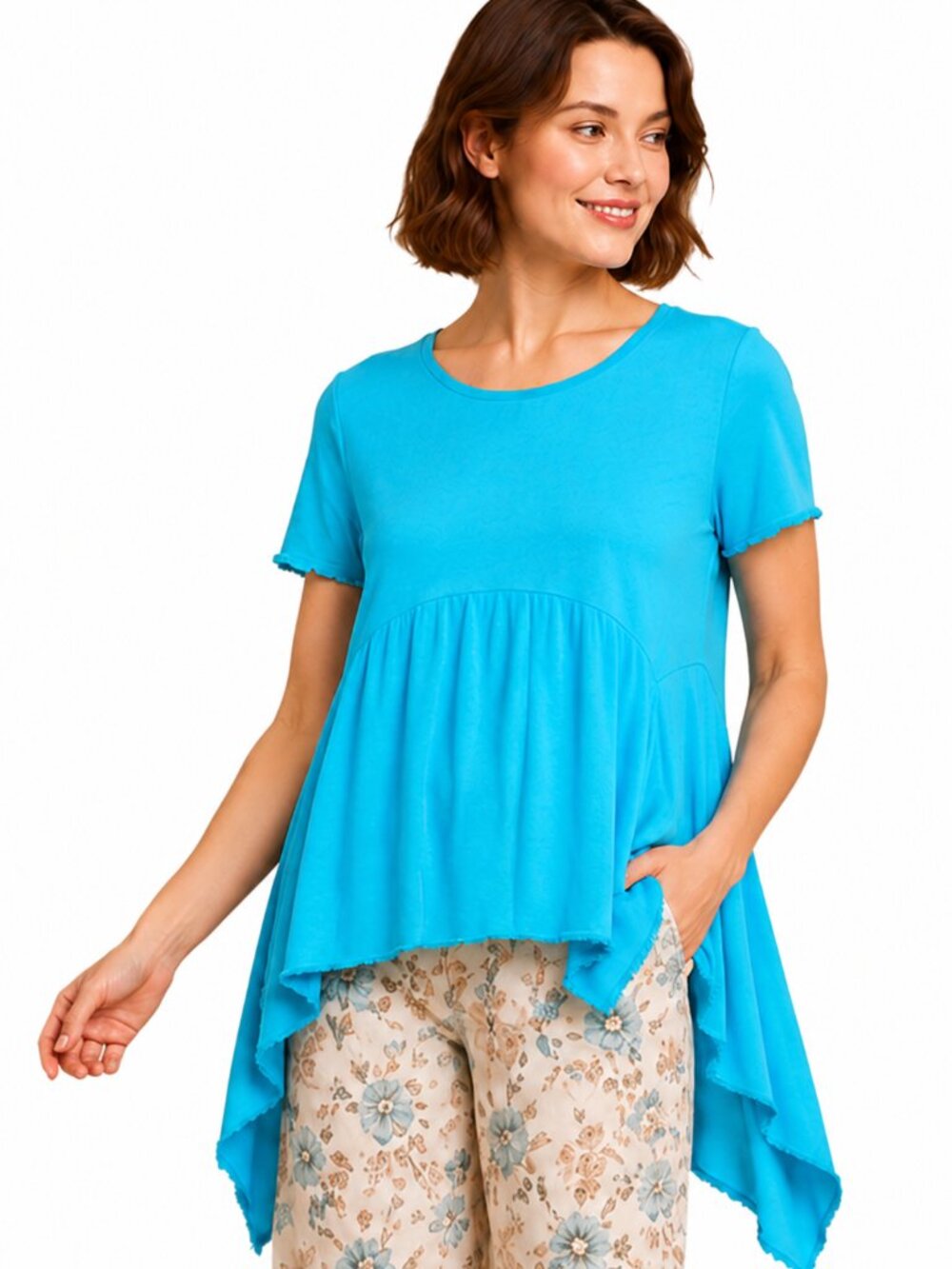 New Umgee S 4 6 8 Turquoise Blue Linen Blend Sharkbite Hem Oversized Tunic Top